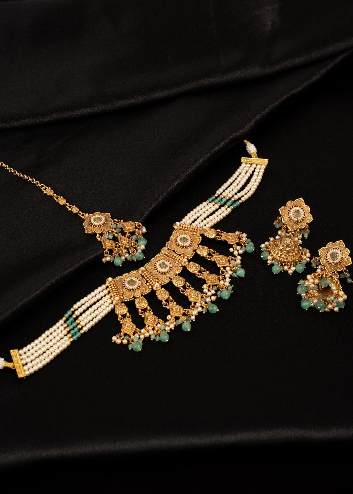 Gold Plated Pearl Choker Set with Beads/ Waterfall Necklace/ Indian Bridal Jewelry/ Antique Gold Necklace/ Multi/ Ruby/ Traditional Jewelry