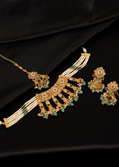 Gold Plated Pearl Choker Set with Beads/ Waterfall Necklace/ Indian Bridal Jewelry/ Antique Gold Necklace/ Multi/ Ruby/ Traditional Jewelry