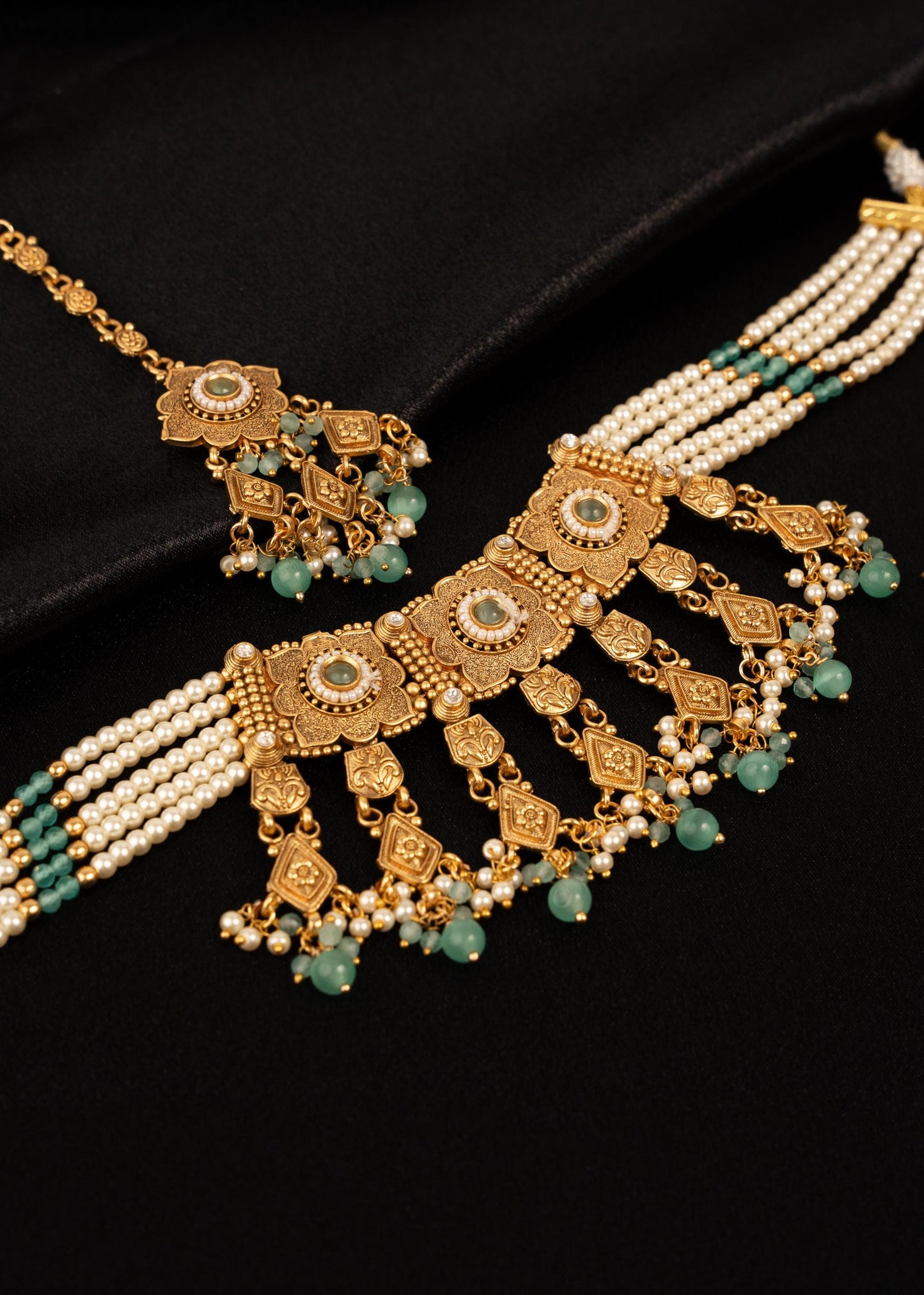 Gold Plated Pearl Choker Set with Beads/ Waterfall Necklace/ Indian Bridal Jewelry/ Antique Gold Necklace/ Multi/ Ruby/ Traditional Jewelry