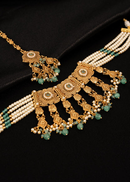 Gold Plated Pearl Choker Set with Beads/ Waterfall Necklace/ Indian Bridal Jewelry/ Antique Gold Necklace/ Multi/ Ruby/ Traditional Jewelry