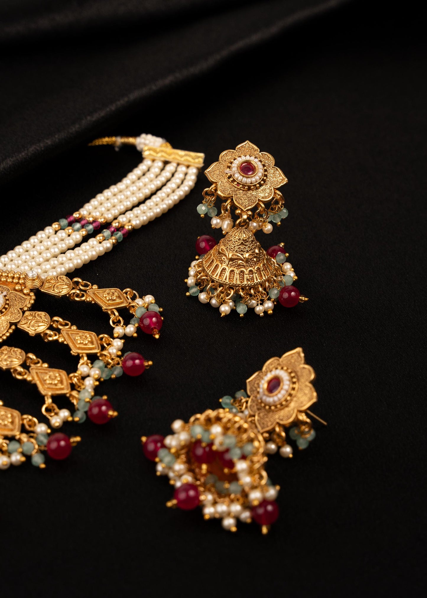 Gold Plated Pearl Choker Set with Beads/ Waterfall Necklace/ Indian Bridal Jewelry/ Antique Gold Necklace/ Multi/ Ruby/ Traditional Jewelry