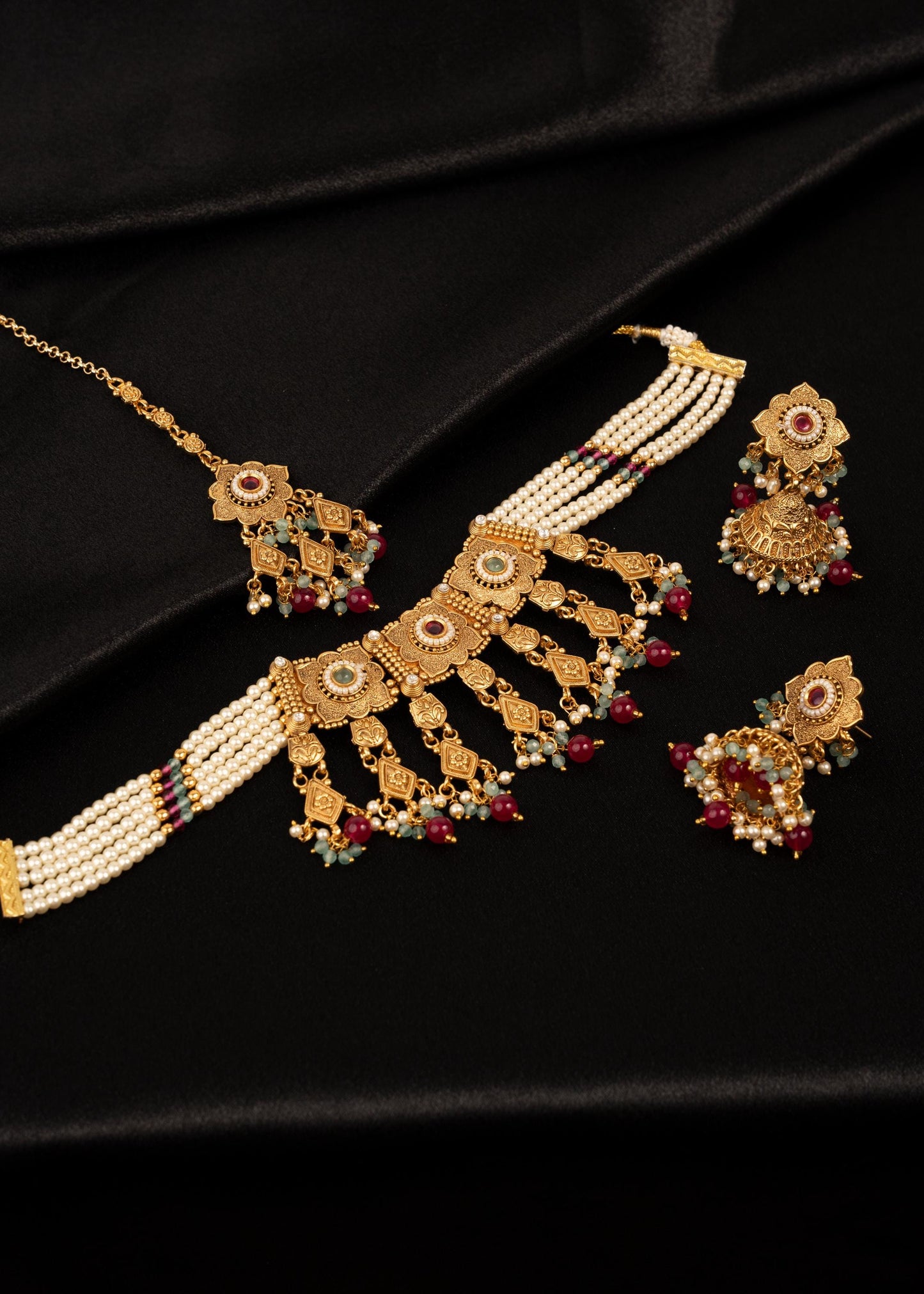 Gold Plated Pearl Choker Set with Beads/ Waterfall Necklace/ Indian Bridal Jewelry/ Antique Gold Necklace/ Multi/ Ruby/ Traditional Jewelry