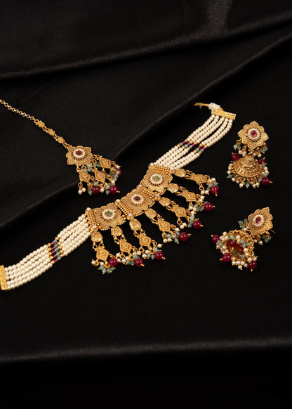 Gold Plated Pearl Choker Set with Beads/ Waterfall Necklace/ Indian Bridal Jewelry/ Antique Gold Necklace/ Multi/ Ruby/ Traditional Jewelry