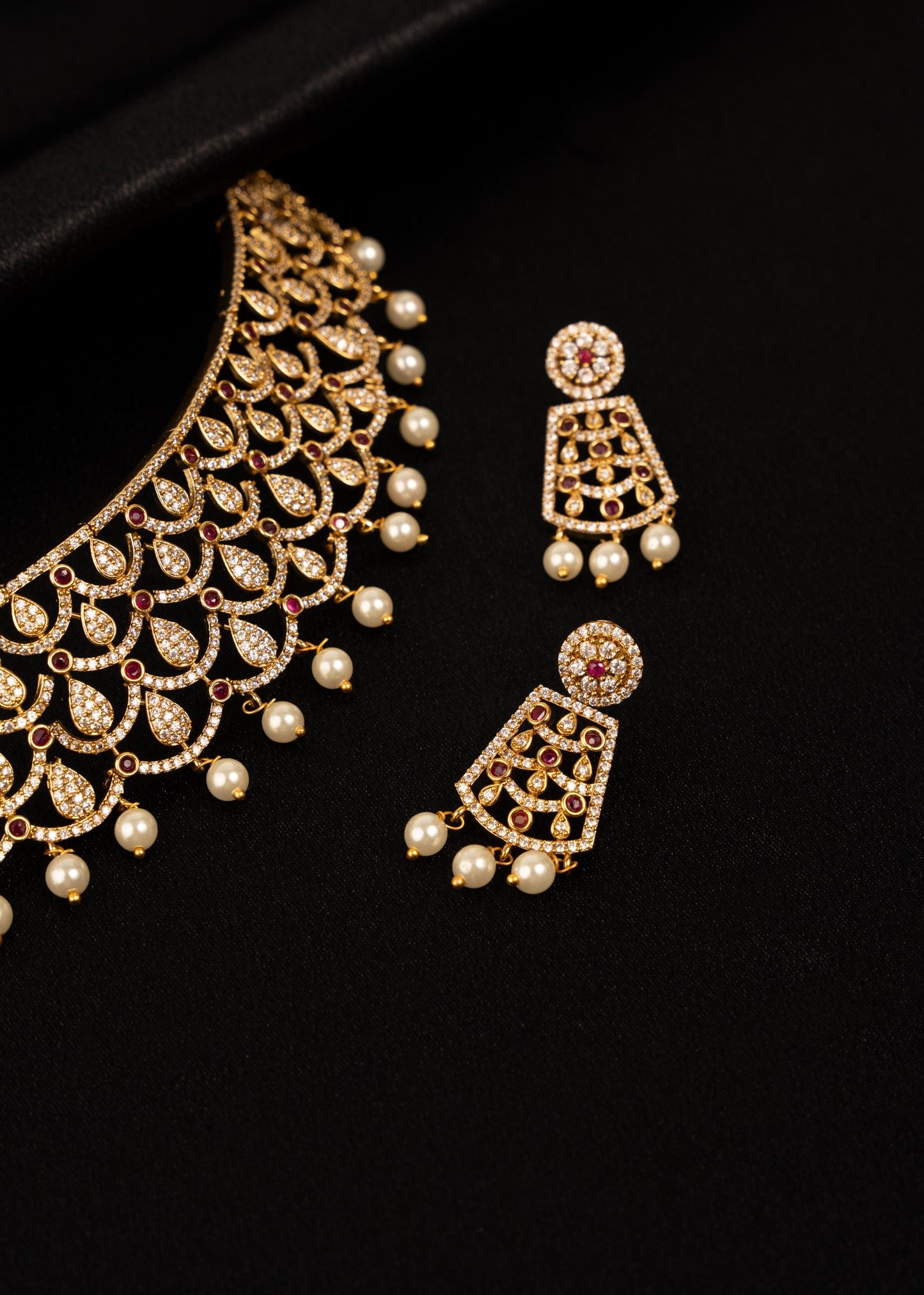 Luxury Moissanite Choker Necklace set with Pearl Drops/ Statement Moissanite Choker Necklace/ Indian Bridal Jewelry/ Gold Plated Moissanite