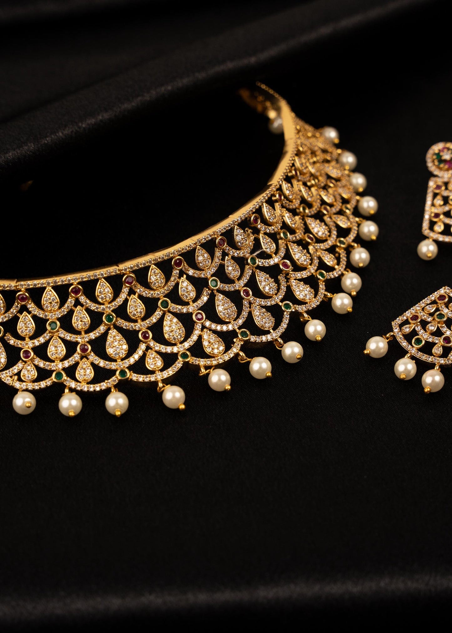 Luxury Moissanite Choker Necklace set with Pearl Drops/ Statement Moissanite Choker Necklace/ Indian Bridal Jewelry/ Gold Plated Moissanite