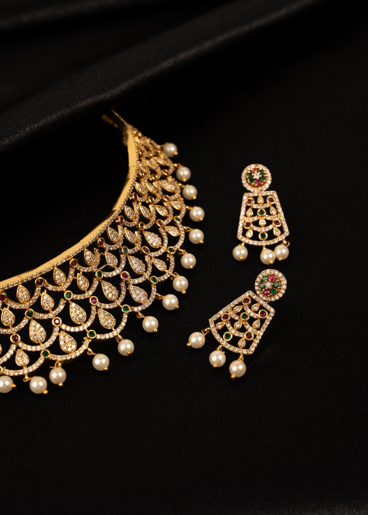 Luxury Moissanite Choker Necklace set with Pearl Drops/ Statement Moissanite Choker Necklace/ Indian Bridal Jewelry/ Gold Plated Moissanite