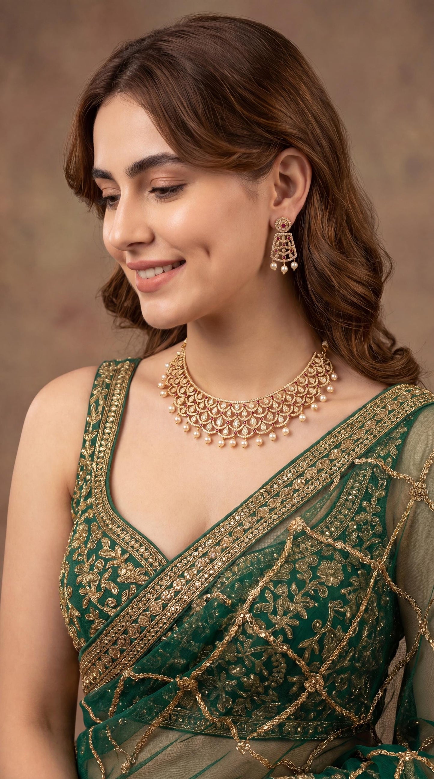 Luxury Moissanite Choker Necklace set with Pearl Drops/ Statement Moissanite Choker Necklace/ Indian Bridal Jewelry/ Gold Plated Moissanite