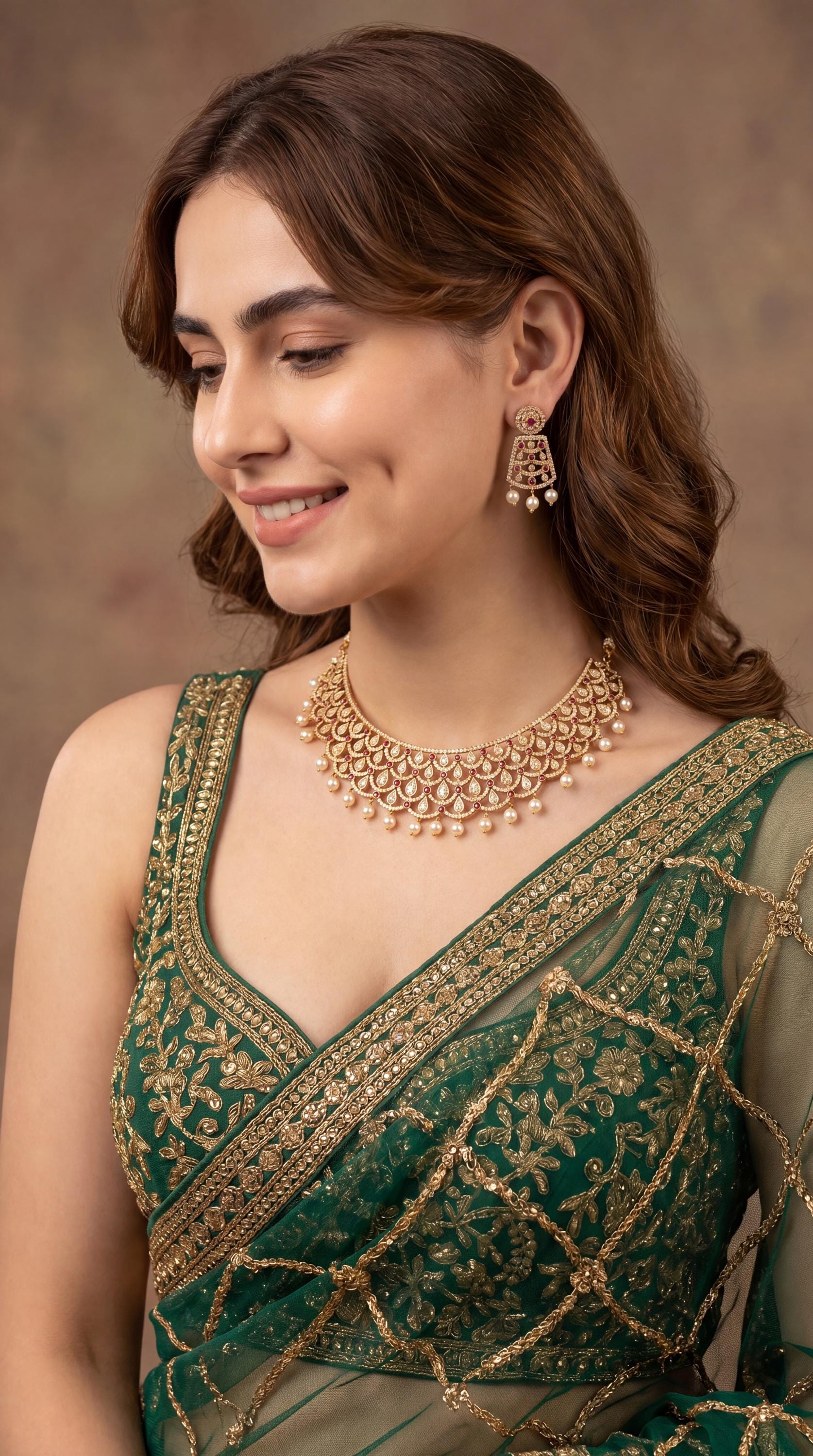 Luxury Moissanite Choker Necklace set with Pearl Drops/ Statement Moissanite Choker Necklace/ Indian Bridal Jewelry/ Gold Plated Moissanite