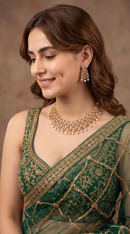 Luxury Moissanite Choker Necklace set with Pearl Drops/ Statement Moissanite Choker Necklace/ Indian Bridal Jewelry/ Gold Plated Moissanite