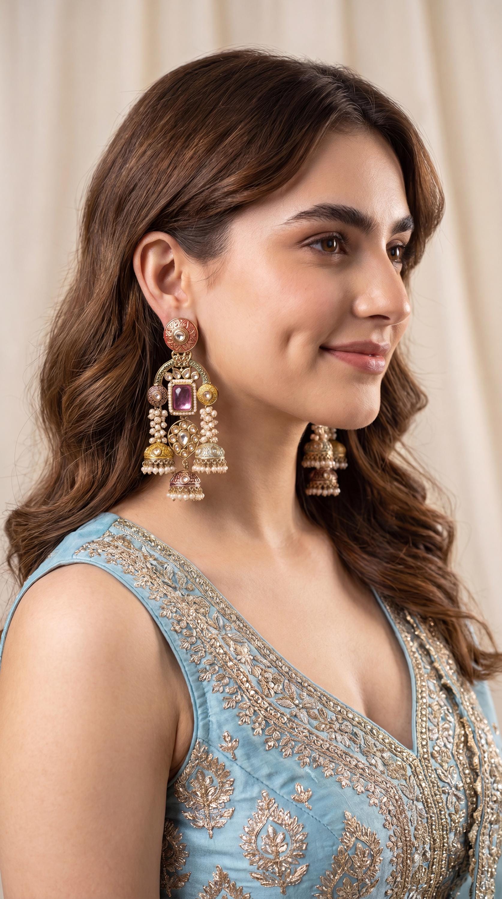 Premium Chandbali Chandelier Earrings/ Gold Plated Jhumkas/ Statement Earrings/ Oversized Earrings/ Trendy Earrings/ Indian Jewelry/ Green