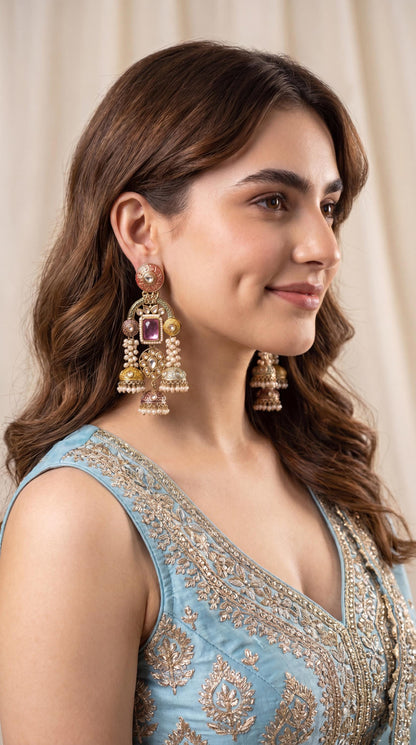 Premium Chandbali Chandelier Earrings/ Gold Plated Jhumkas/ Statement Earrings/ Oversized Earrings/ Trendy Earrings/ Indian Jewelry/ Green