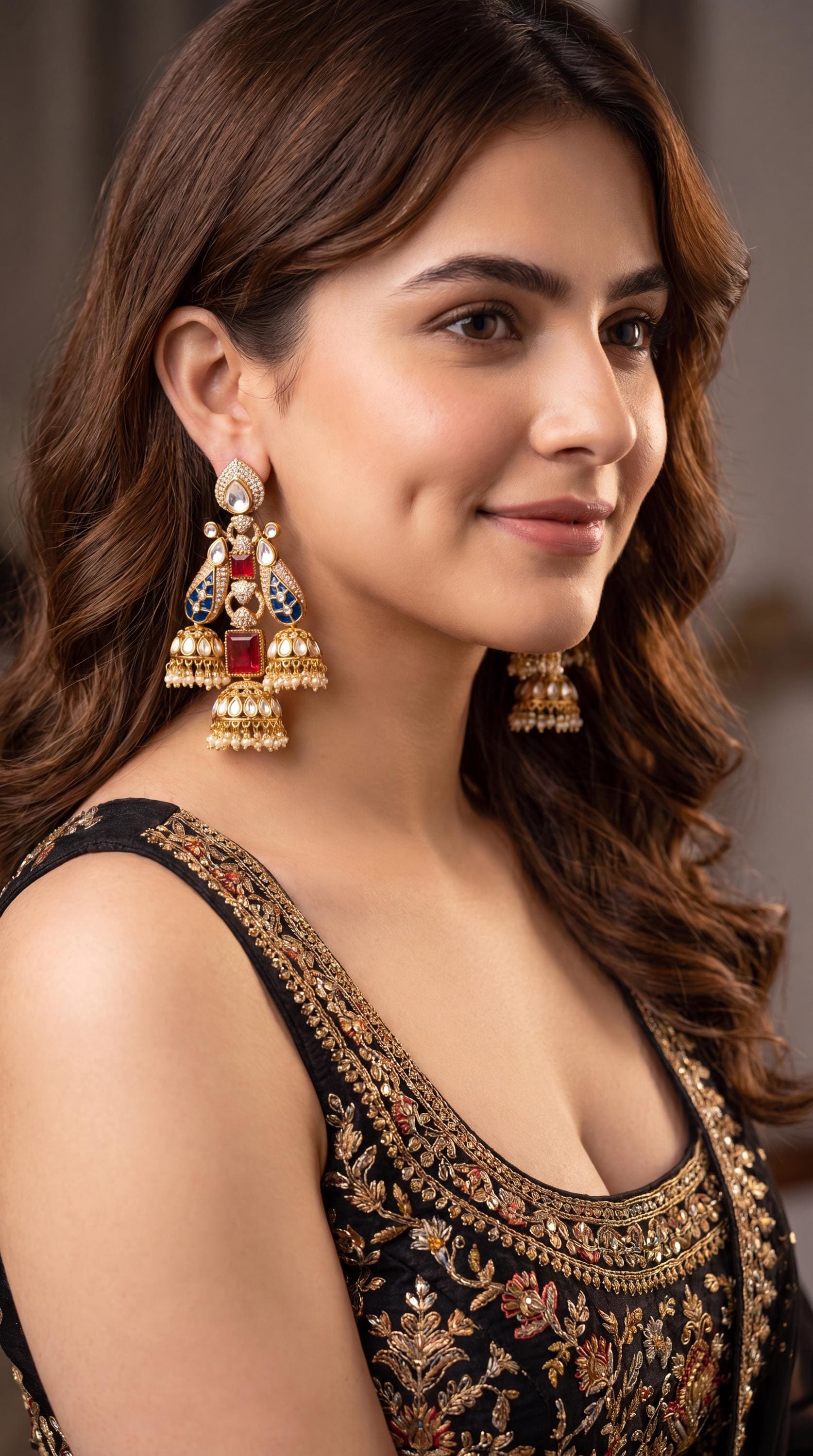 High Quality Kundan Moissanite Earrings/ Gold Plated Wedding Jewelry/ Bridal Indian Earrings/ Bollywood Jewelry/ Festive Earrings/ Blue/ Red