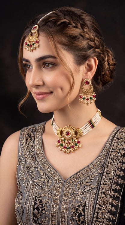 Antique Gold Choker Necklace Set with Tikka/ Indian Jewelry/ Traditional Jewelry/  Gold Plated Jewelry/ Bridal Jewelry/ Multi/ Reception