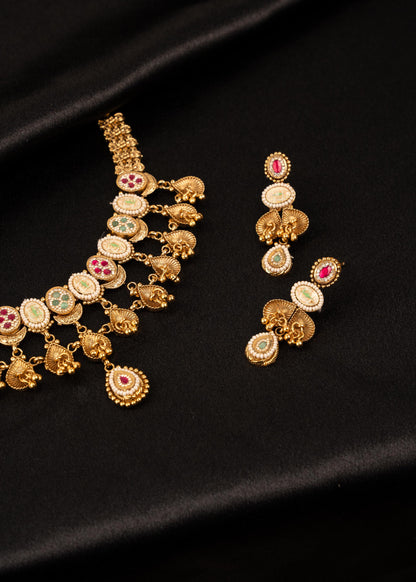Premium Temple Jewelry Necklace Set/ South Indian Gold Plated Choker Necklace Set/ Traditional Peacock Motif Jewelry Set/ Antique Jewelry