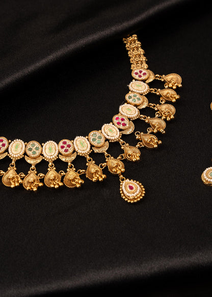 Premium Temple Jewelry Necklace Set/ South Indian Gold Plated Choker Necklace Set/ Traditional Peacock Motif Jewelry Set/ Antique Jewelry