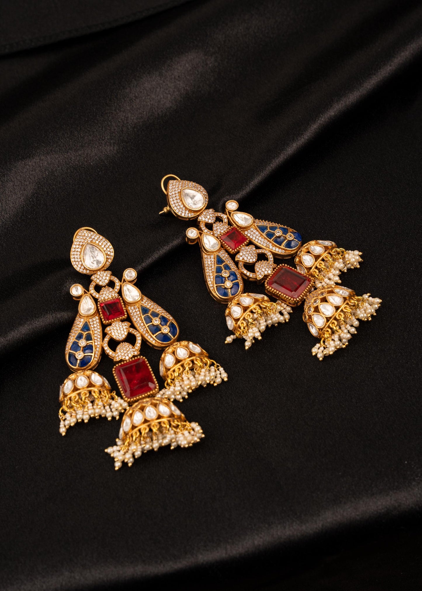 High Quality Kundan Moissanite Earrings/ Gold Plated Wedding Jewelry/ Bridal Indian Earrings/ Bollywood Jewelry/ Festive Earrings/ Blue/ Red