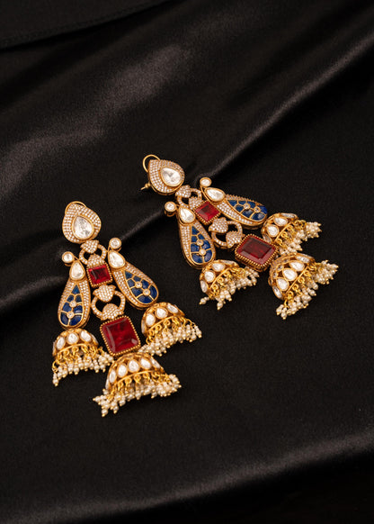 High Quality Kundan Moissanite Earrings/ Gold Plated Wedding Jewelry/ Bridal Indian Earrings/ Bollywood Jewelry/ Festive Earrings/ Blue/ Red