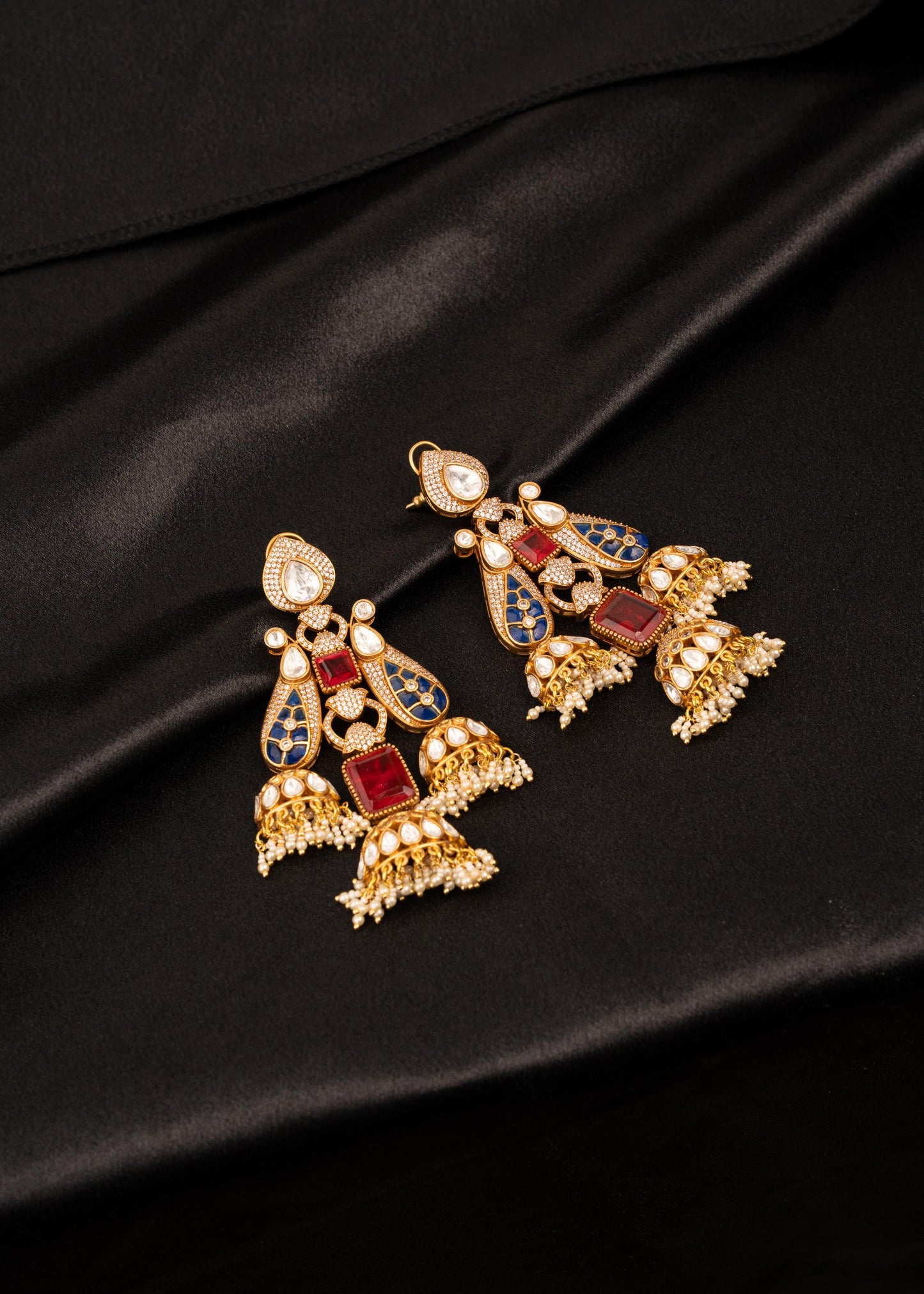 High Quality Kundan Moissanite Earrings/ Gold Plated Wedding Jewelry/ Bridal Indian Earrings/ Bollywood Jewelry/ Festive Earrings/ Blue/ Red