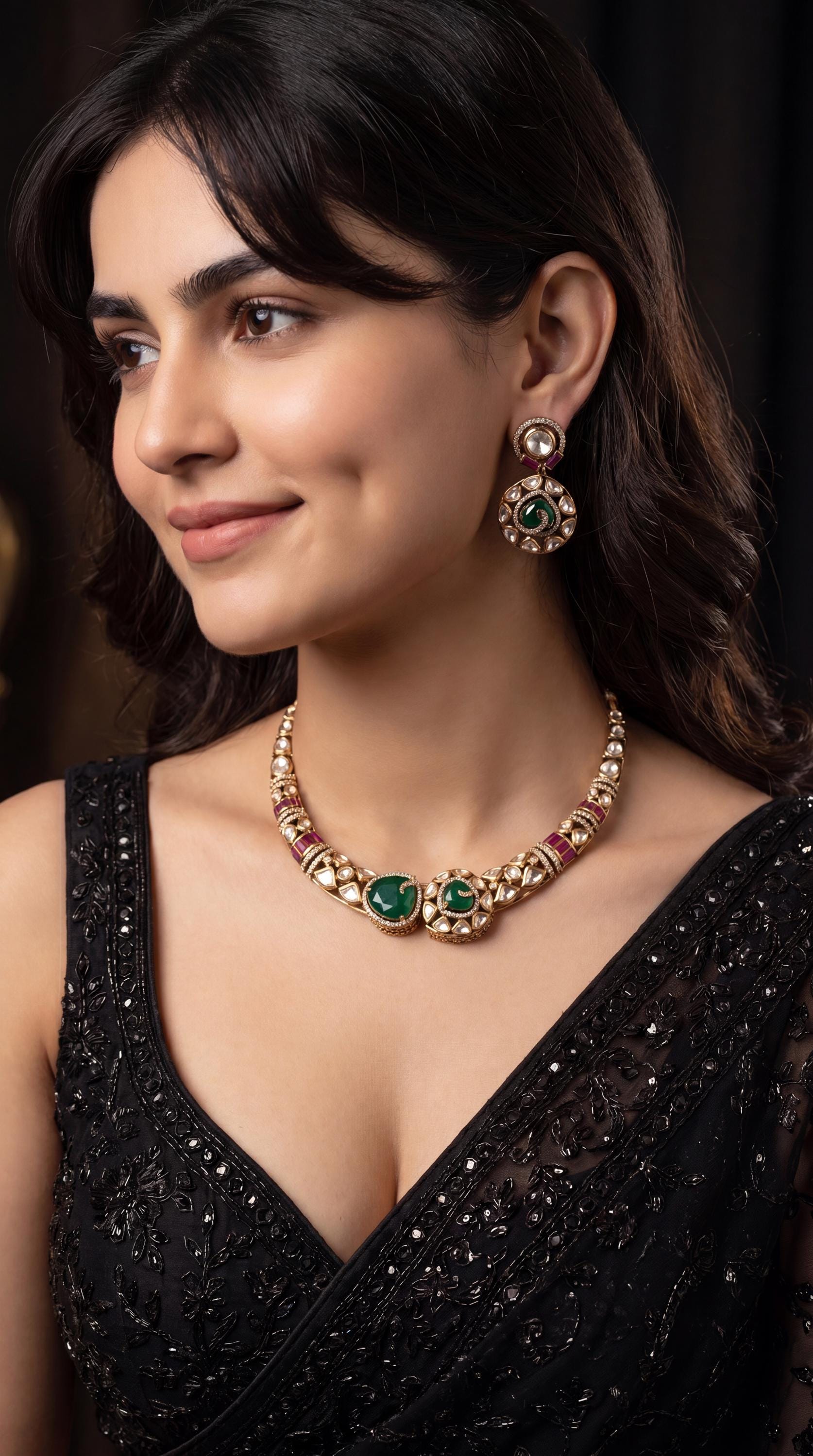 Designer Moissanite Hasli Necklace Set/ Gold Plated Hasli Necklace/ Traditional Hasli Choker/ Antique Gold Hasli Necklace/ Emerald/ Kundan __etsy:8126324174