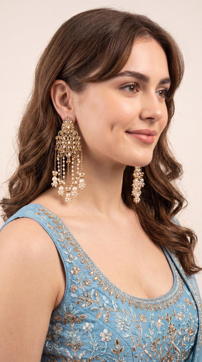 Luxury Kundan Pearl Drop Earrings/ Designer Chandbali Tassel Earrings/ Kundan Chandelier Earrings/ Pearl Fringe Statement Earrings