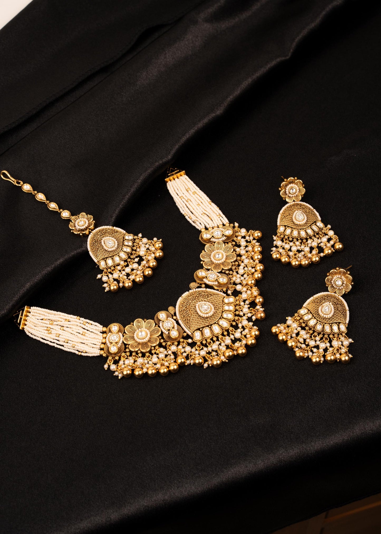 Gold Plated Kundan Bridal Jewelry Set/ Pearl Choker Necklace/ Jhumka Earrings & Maang Tikka/ Indian Wedding Jewelry/ Traditional Jewelry
