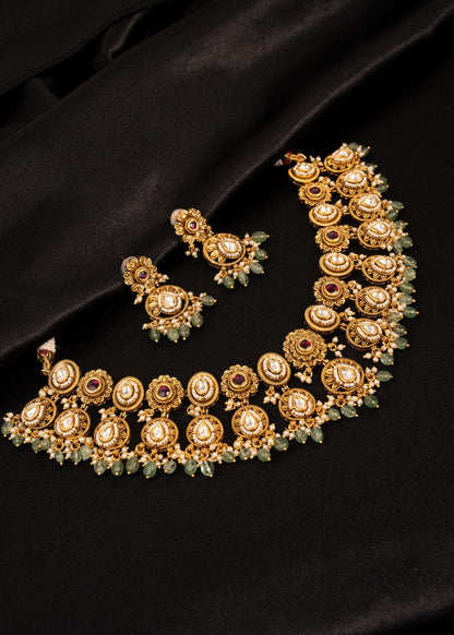 Premium Kundan Bridal Choker Necklace Set/ Green Bead Choker/ Indian Wedding Jewelry/ Gold Plated Kundan Choker/ Pakistani Jewelry