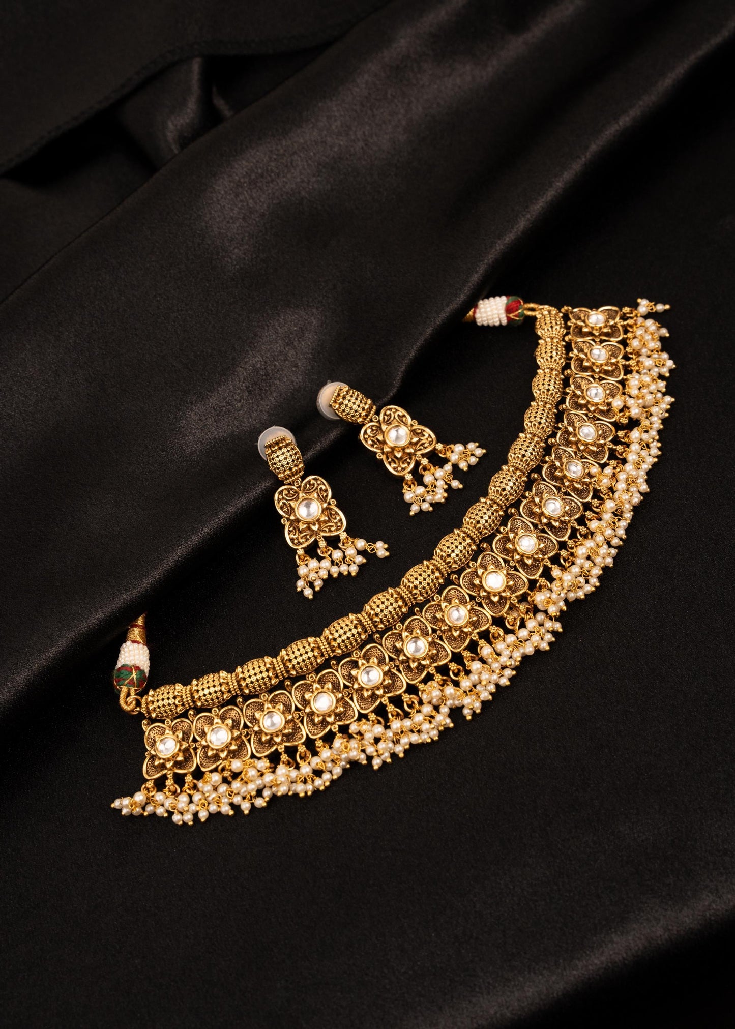 Traditional Indian Bridal Necklace Set/ Gold Plated Choker Necklace Set/ Antique Indian Wedding Jewelry Set/ South Indian Temple Choker Set