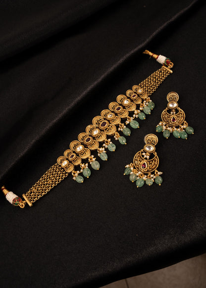 Premium Antique Gold Choker Necklace set/ Kundan Bridal Jewelry Set/ Indian Wedding Necklace/ Statement Choker/ Traditional Jewelry