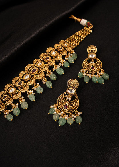 Premium Antique Gold Choker Necklace set/ Kundan Bridal Jewelry Set/ Indian Wedding Necklace/ Statement Choker/ Traditional Jewelry