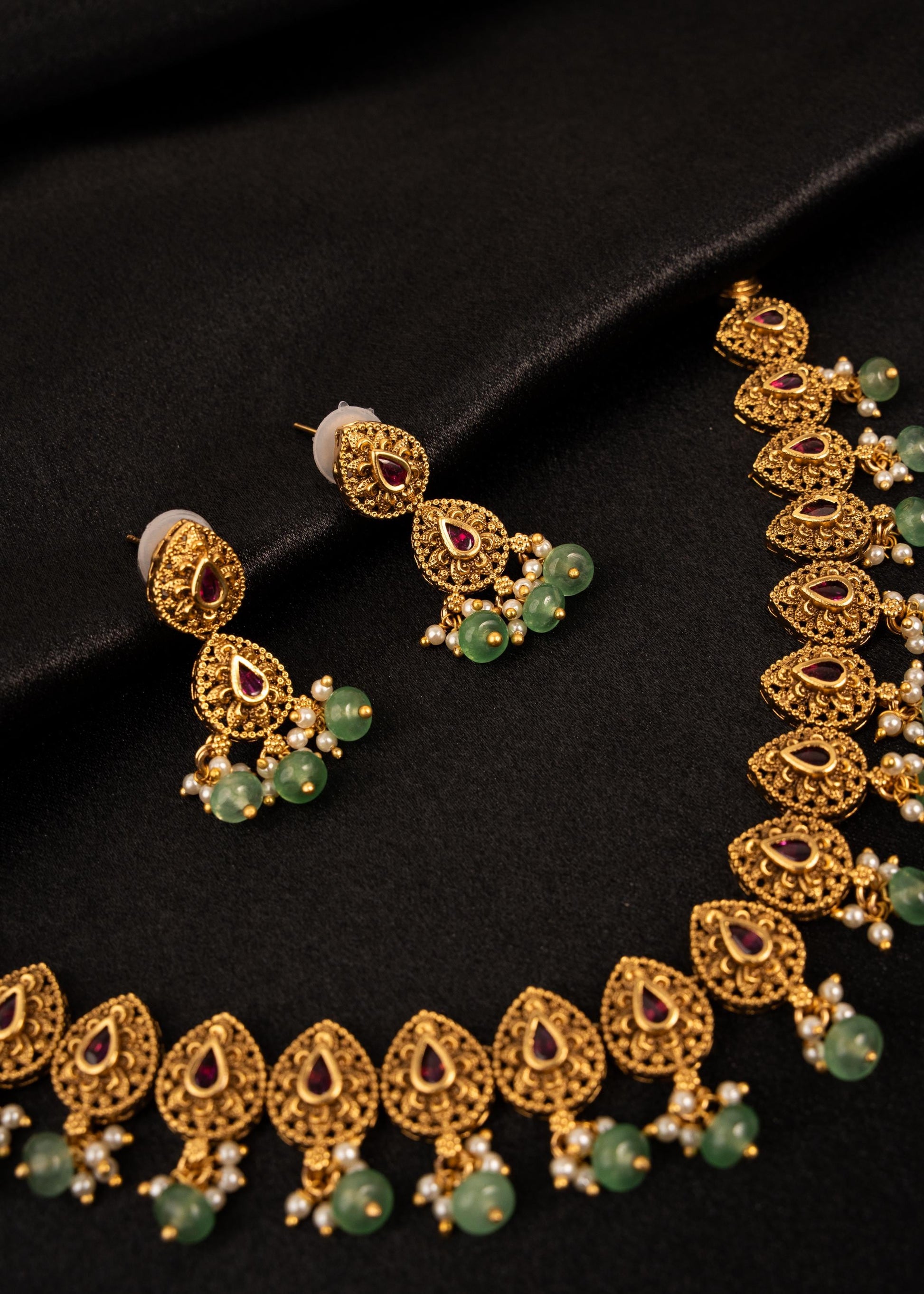 Premium Temple Jewelry Necklace Set/ Gold Plated Jewelry/ Antique Gold Necklace Set/ Statement Jewelry/ Indian Bridal Jewelry/ Green Bead