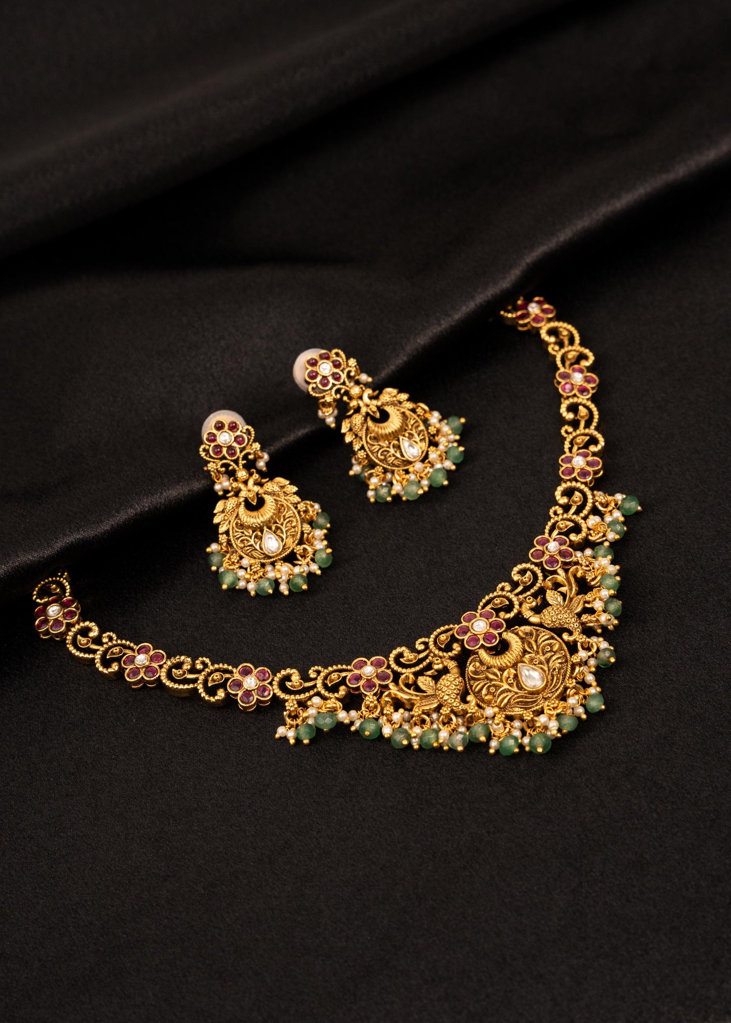 Traditional Antique Gold Choker Necklace Set/ Indian Jewelry/ Gold Plated Pearl Necklace Set/ Ethnic Wedding Jewelry/ Temple Jewelry/ Ruby
