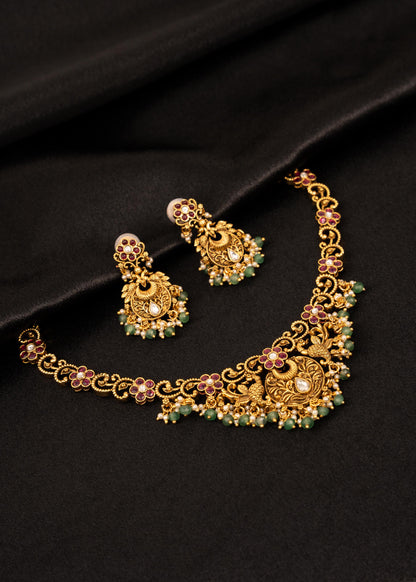 Traditional Antique Gold Choker Necklace Set/ Indian Jewelry/ Gold Plated Pearl Necklace Set/ Ethnic Wedding Jewelry/ Temple Jewelry/ Ruby