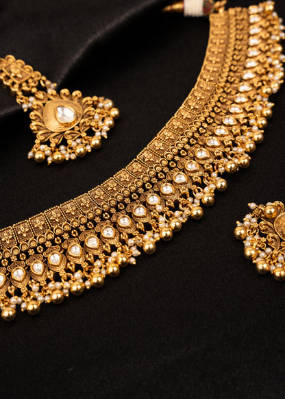 Antique Gold Plated Necklace Set/ Kundan Bridal jewelry/ Wedding Necklace with Earrings & Maang Tikka/ Traditional Jewelry/ Ethnic Jewelry