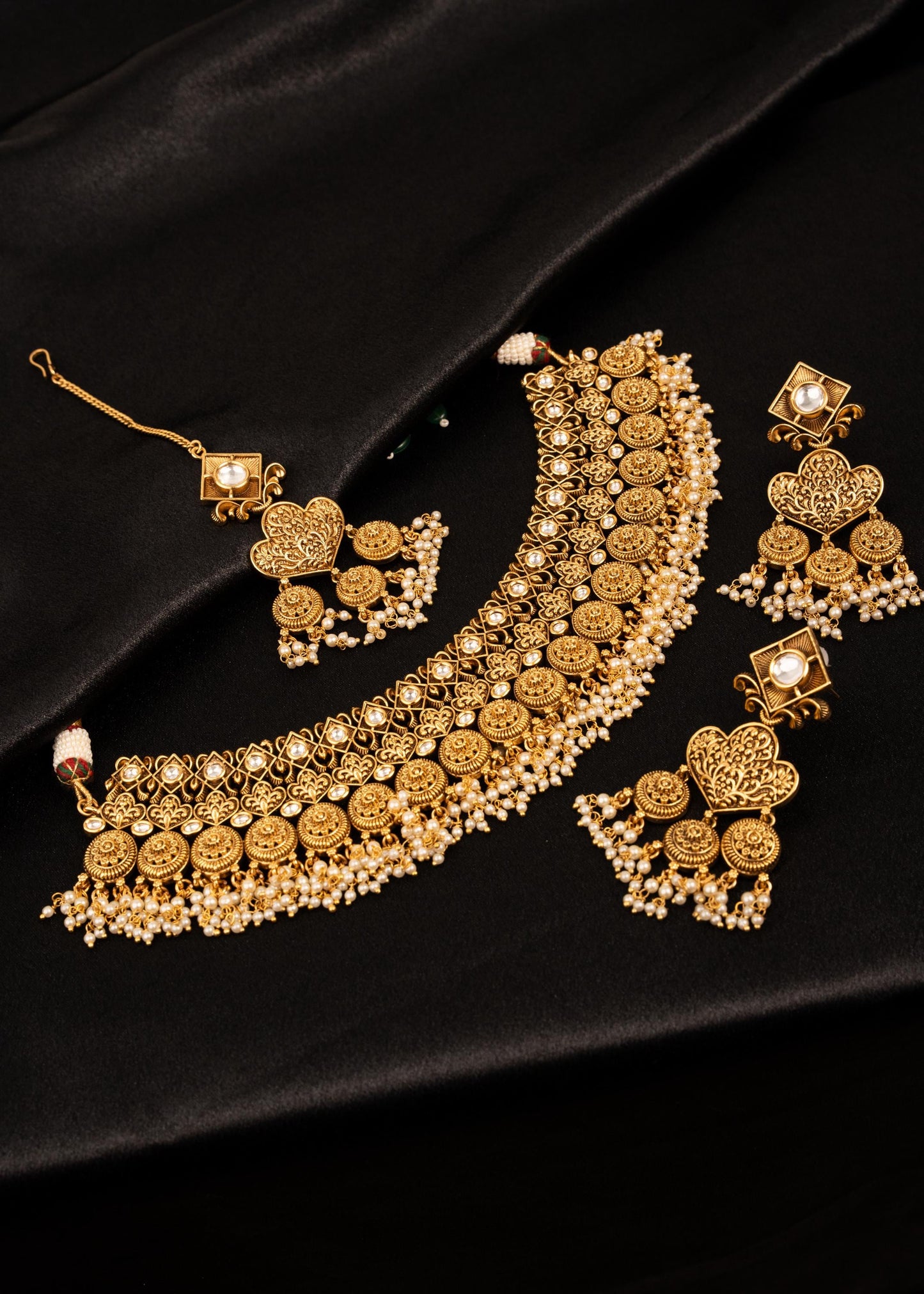 Antique Gold Plated Bridal Necklace Set/ Indian Bridal Temple Jewelry Set/ Pearl Wedding Jewelry/  Choker with Earrings & Maang Tikka