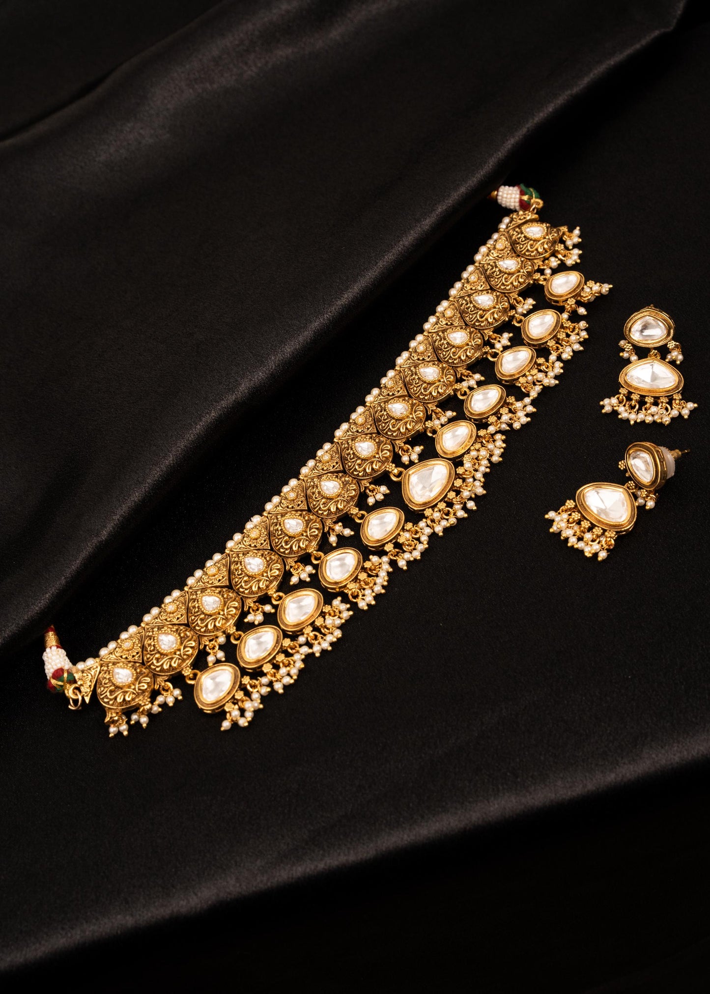 Antique Gold Plated Kundan Necklace Set/ Pearl Drop Erarings/ Bridal Wedding Jewelry Set/ Indian Jewelry/ Traditional Jewelry