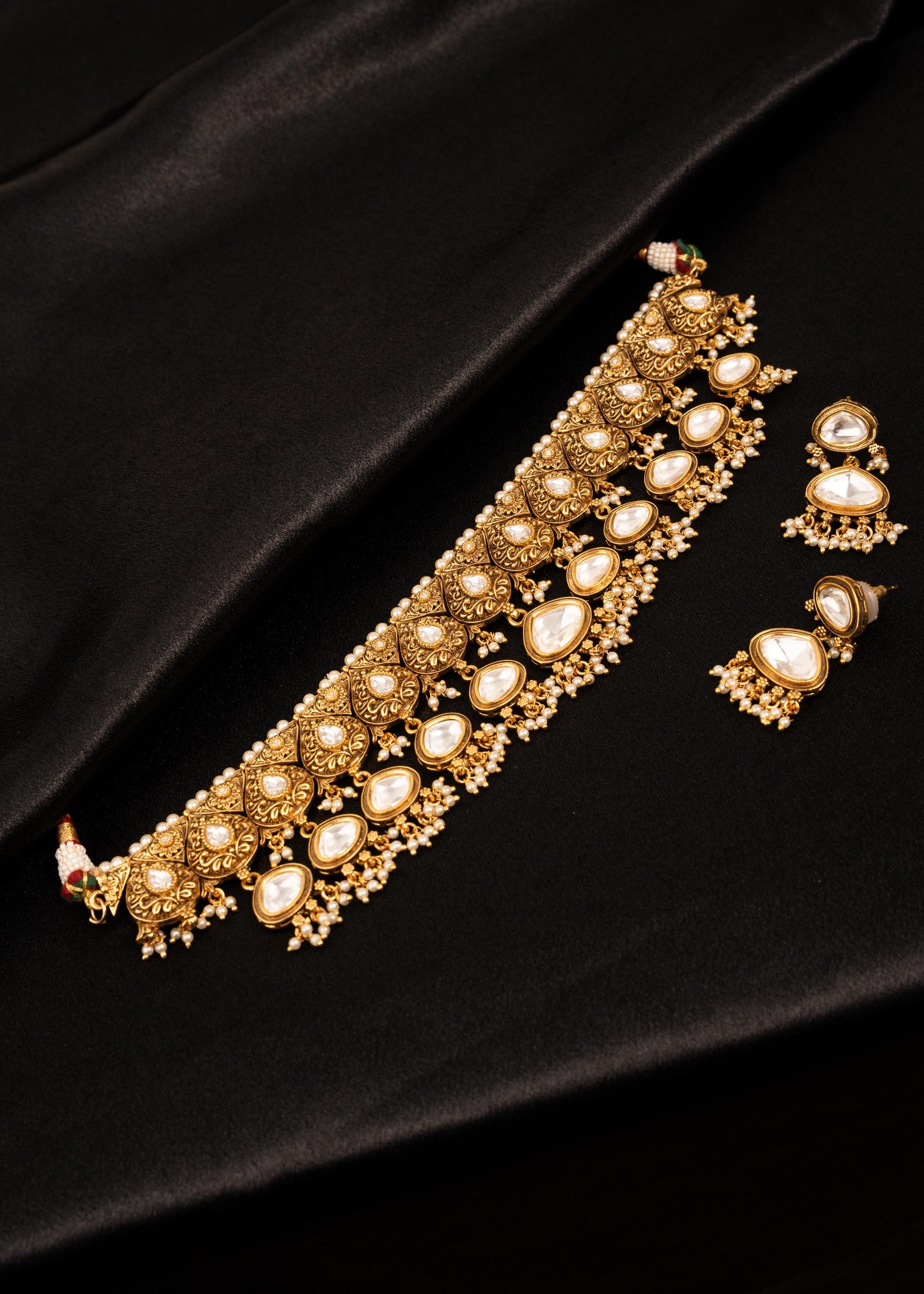 Antique Gold Plated Kundan Necklace Set/ Pearl Drop Erarings/ Bridal Wedding Jewelry Set/ Indian Jewelry/ Traditional Jewelry
