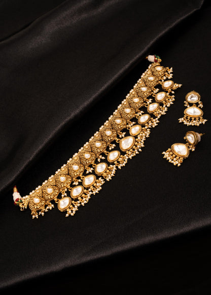 Antique Gold Plated Kundan Necklace Set/ Pearl Drop Erarings/ Bridal Wedding Jewelry Set/ Indian Jewelry/ Traditional Jewelry