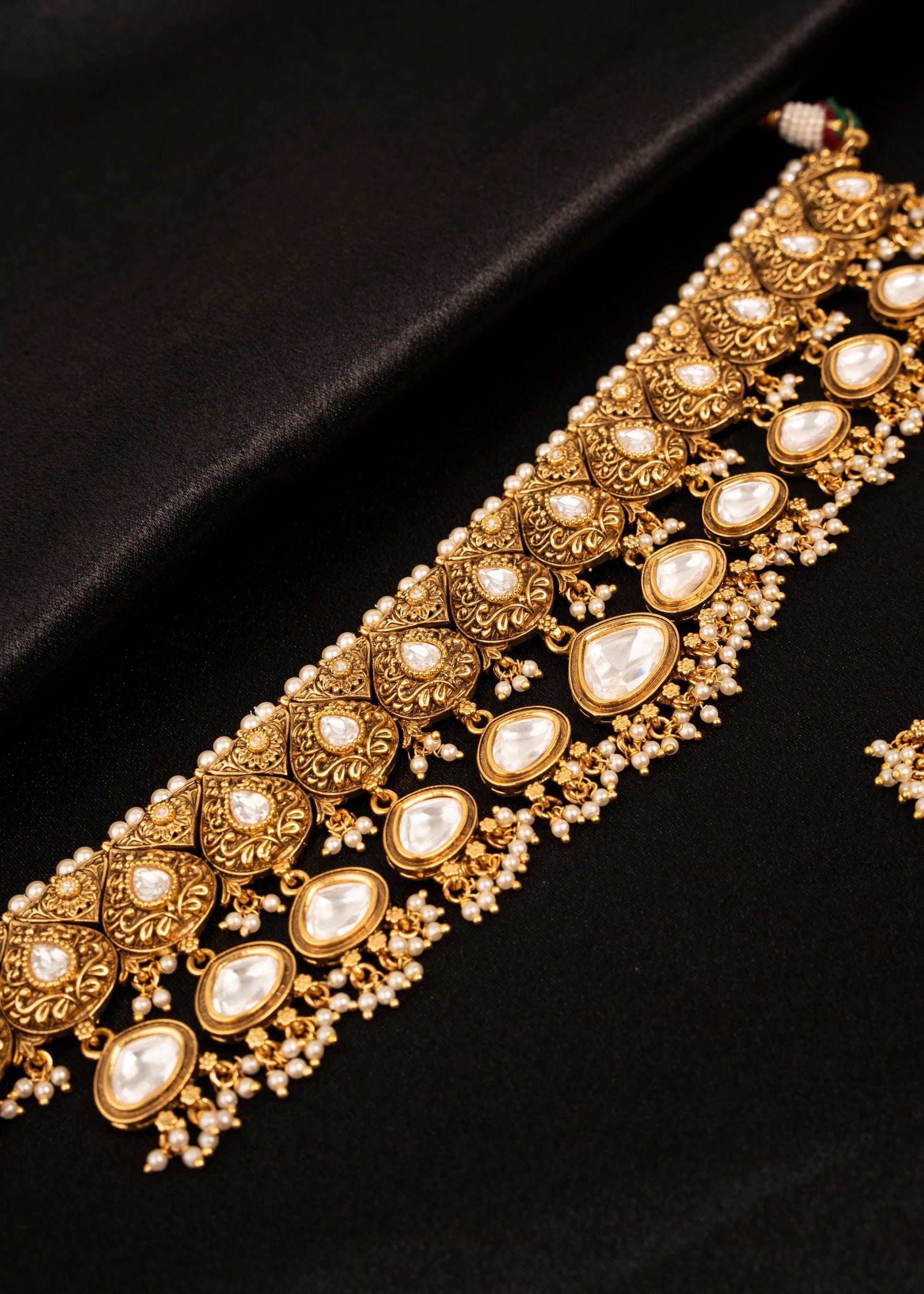 Antique Gold Plated Kundan Necklace Set/ Pearl Drop Erarings/ Bridal Wedding Jewelry Set/ Indian Jewelry/ Traditional Jewelry