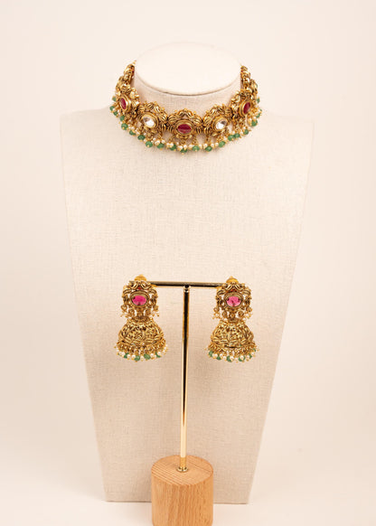 High Quality Antique Gold  Plated Kundan Choker Necklace Set/ Indian Jewelry/  Traditional jewelry/ Statement Necklace/ Green Bead Jewelry