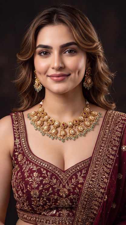 Premium Kundan Bridal Choker Necklace Set/ Green Bead Choker/ Indian Wedding Jewelry/ Gold Plated Kundan Choker/ Pakistani Jewelry