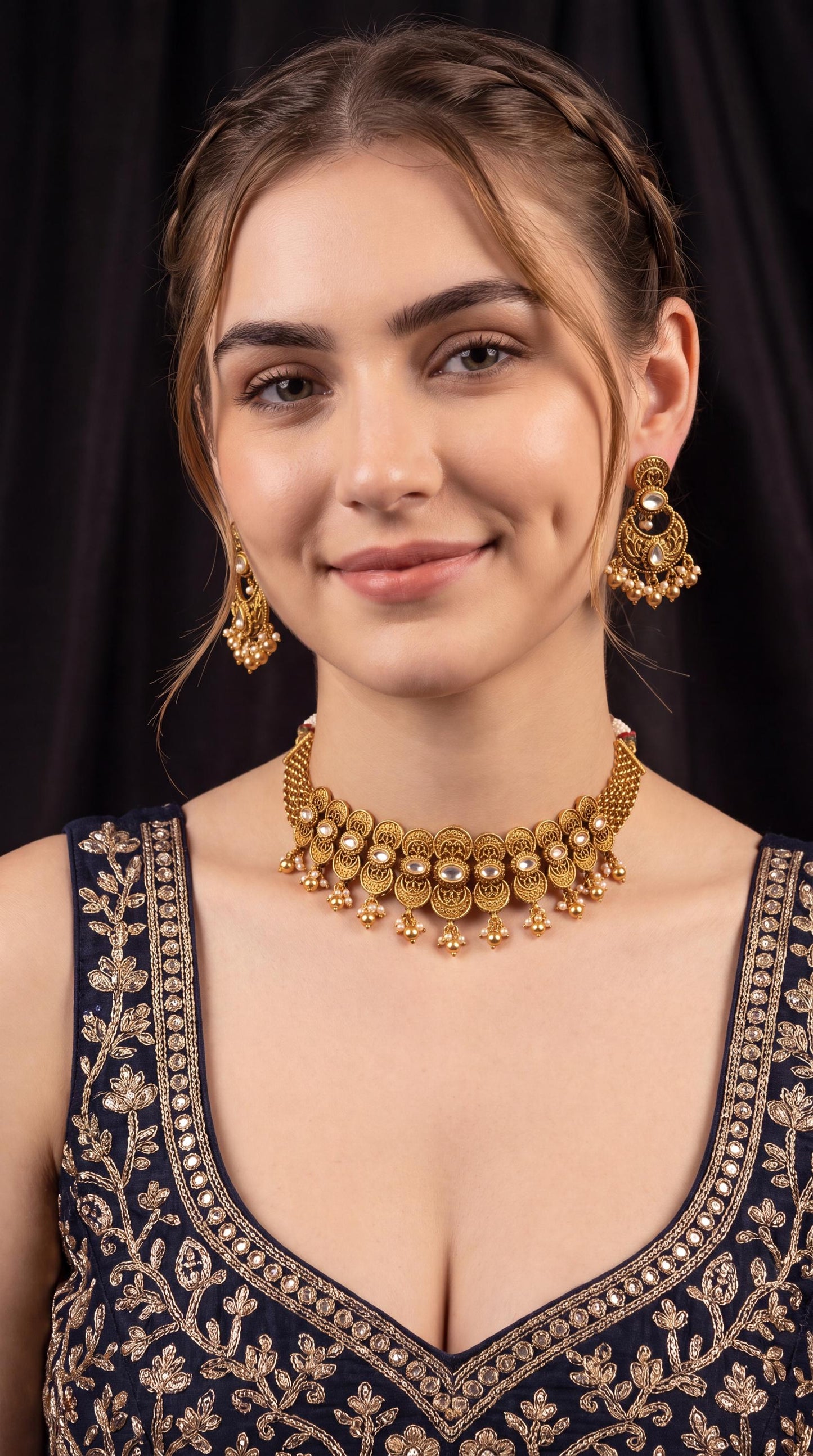Premium Antique Gold Choker Necklace set/ Kundan Bridal Jewelry Set/ Indian Wedding Necklace/ Statement Choker/ Traditional Jewelry