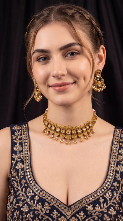 Premium Antique Gold Choker Necklace set/ Kundan Bridal Jewelry Set/ Indian Wedding Necklace/ Statement Choker/ Traditional Jewelry