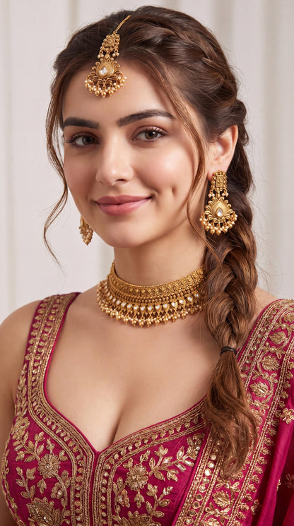Antique Gold Plated Necklace Set/ Kundan Bridal jewelry/ Wedding Necklace with Earrings & Maang Tikka/ Traditional Jewelry/ Ethnic Jewelry