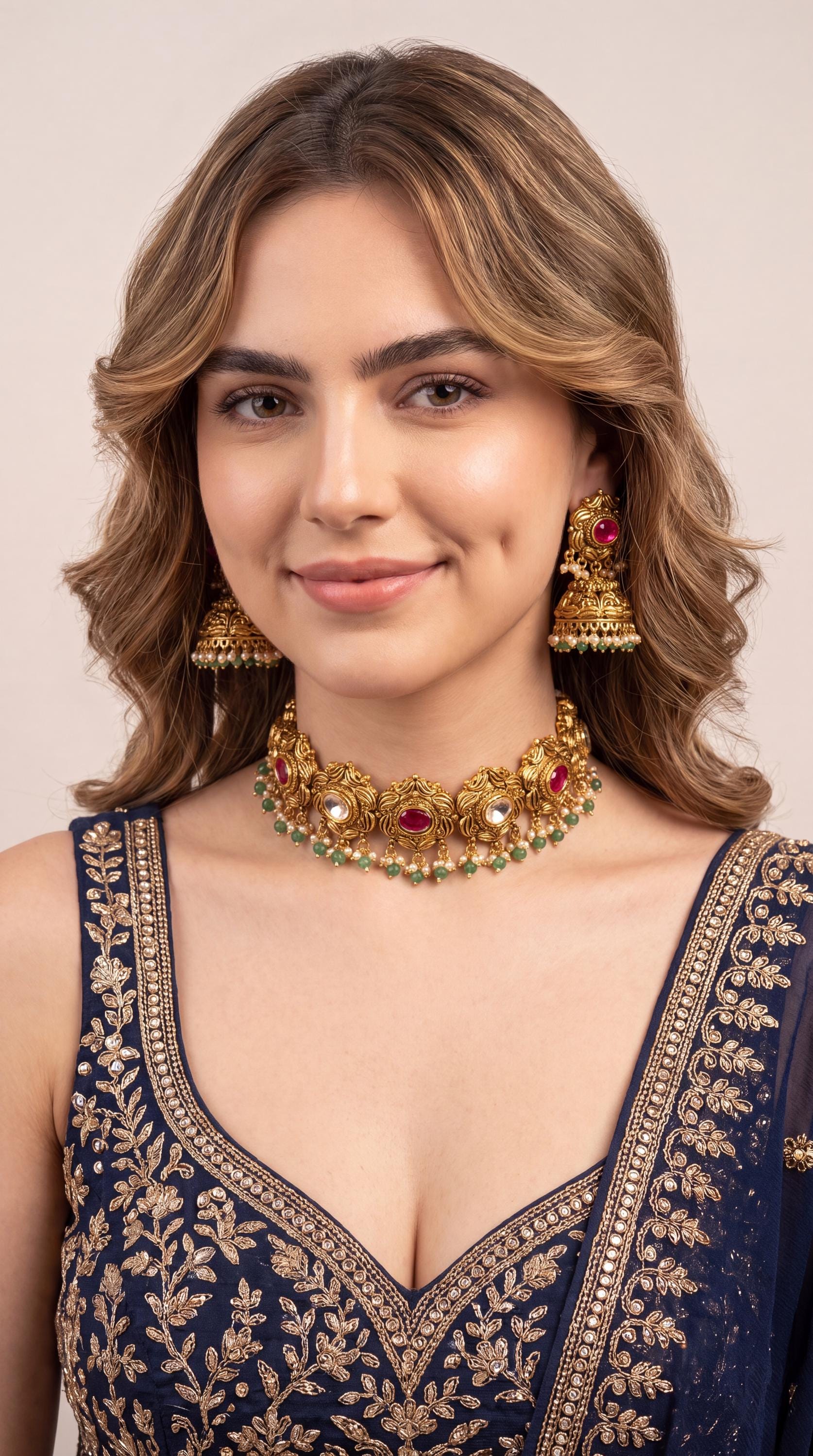 High Quality Antique Gold  Plated Kundan Choker Necklace Set/ Indian Jewelry/  Traditional jewelry/ Statement Necklace/ Green Bead Jewelry