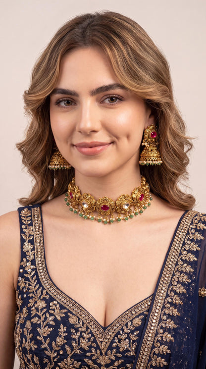 High Quality Antique Gold  Plated Kundan Choker Necklace Set/ Indian Jewelry/  Traditional jewelry/ Statement Necklace/ Green Bead Jewelry