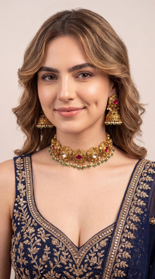 High Quality Antique Gold  Plated Kundan Choker Necklace Set/ Indian Jewelry/  Traditional jewelry/ Statement Necklace/ Green Bead Jewelry