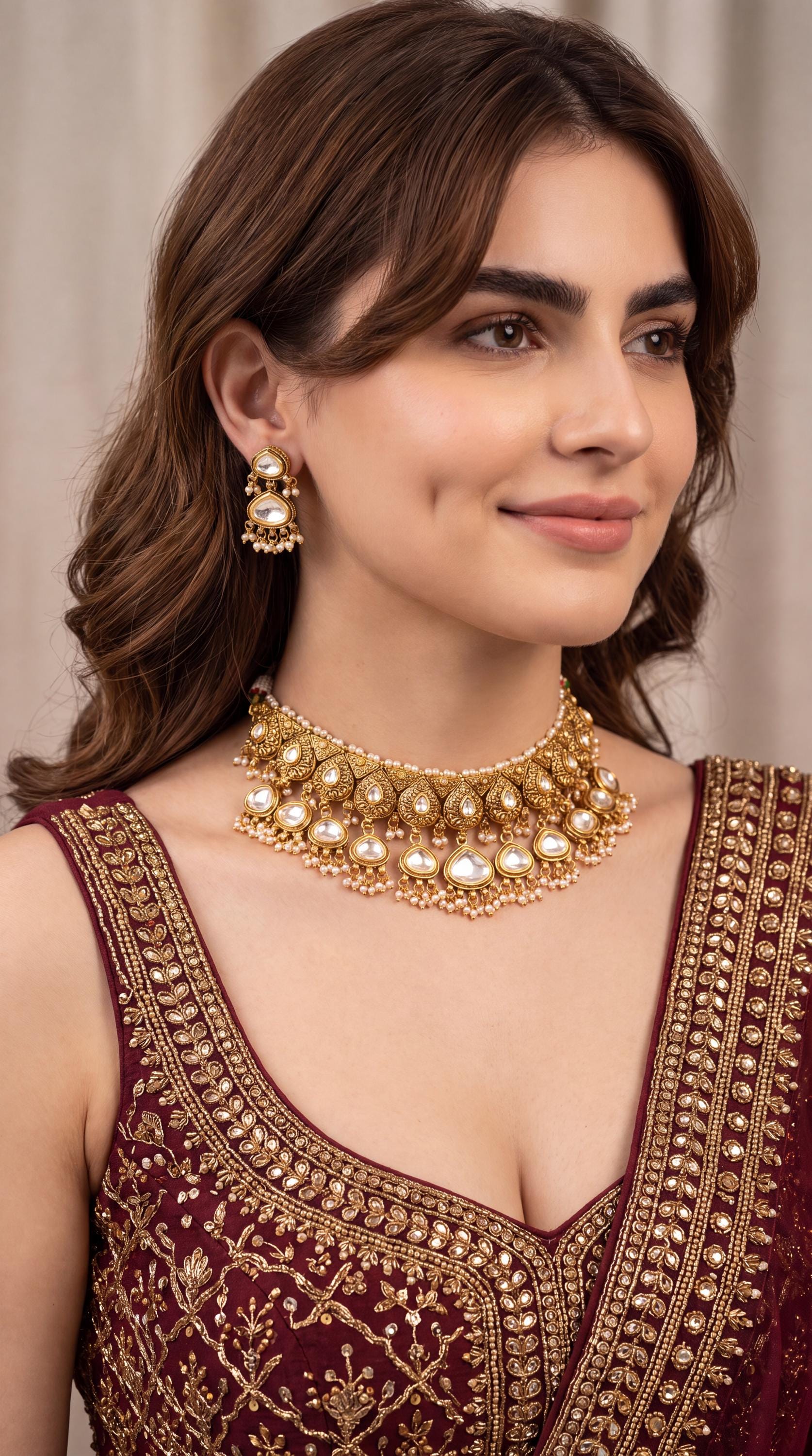 Antique Gold Plated Kundan Necklace Set/ Pearl Drop Erarings/ Bridal Wedding Jewelry Set/ Indian Jewelry/ Traditional Jewelry