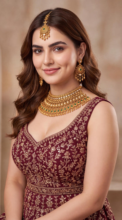High Quality Kundan Bridal Choker Necklace Set/ Indian Bridal Jewelry/ Emerald Green Jewelry/ Antique Gold Plated Choker/ South Indian