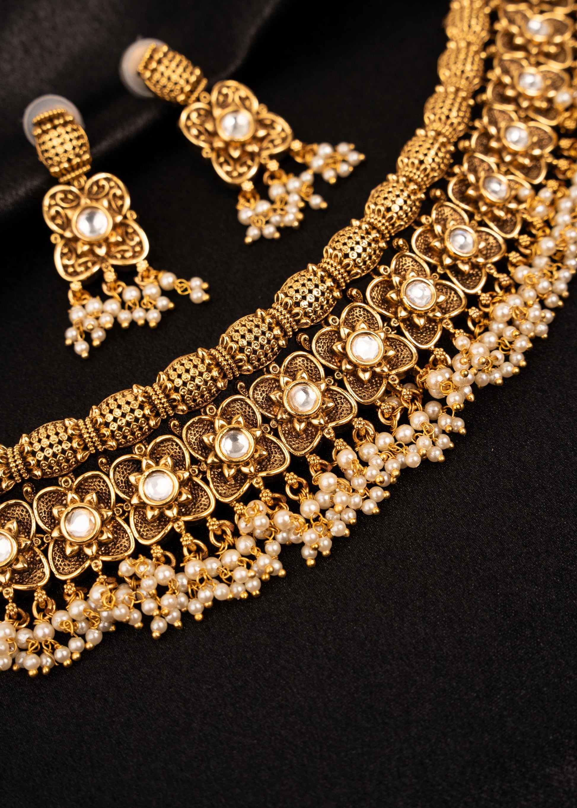 Traditional Indian Bridal Necklace Set/ Gold Plated Choker Necklace Set/ Antique Indian Wedding Jewelry Set/ South Indian Temple Choker Set