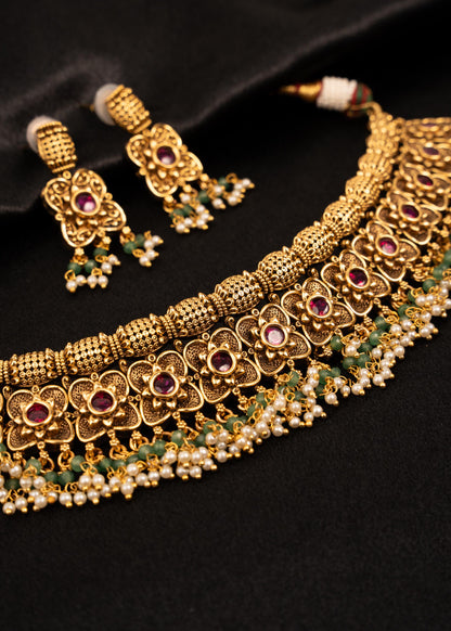 Traditional Indian Bridal Necklace Set/ Gold Plated Choker Necklace Set/ Antique Indian Wedding Jewelry Set/ South Indian Temple Choker Set